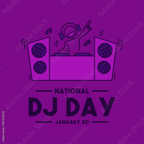 National DJ day. January 20. DJ icon. Purple background. Banner, card, background.