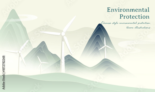 Chinese Style Environmental Protection Banner with Landscape and Wind Energy Illustration