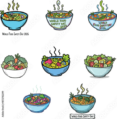 Illustrative bowls of steaming, nutritious soups and crisp, fresh salads, promoting global food safety awareness and the benefits of healthy eating habits