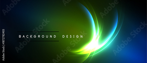 Abstract vibrant design features flowing light curves. Dark background emphasizes bright green, blue hues. Text reads background design.