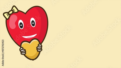 Hearts icon with smiling face with yellow ribbon holding yellow heart for valentine day looping animation background isolated in bright orange background