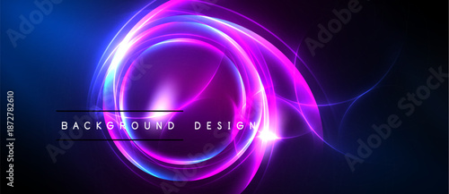 Abstract neon circles radiate vibrant blue, purple hues. Dark background emphasizes glowing energy, modern design elements.