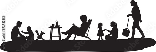 Family Silhouette Illustration of Parents and Children at Beach