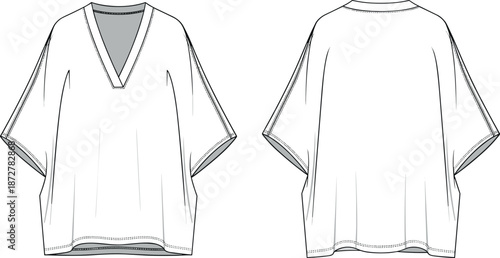 Oversized Women’s V-Neck Caftan Top Technical Sketch, Fashion Flat Vector Template with Kimono Sleeves, Loose Fit T-Shirt Design Front Back View