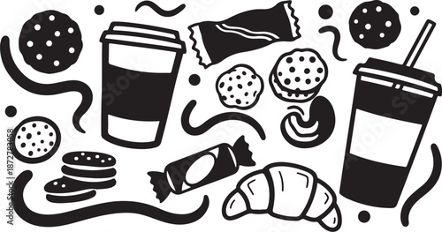 Black and white illustration of fast food and drinks