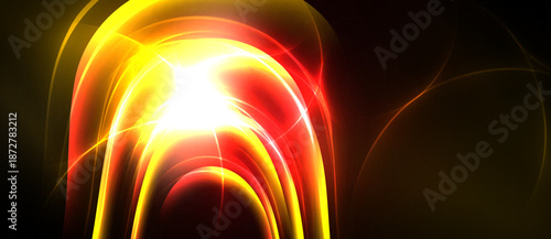 Bright light radiates from center. Curved lines create dynamic, glowing effect against dark background. Warm colors dominate composition.