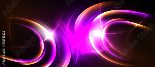 Bright abstract design features swirling light curves. Vivid magenta, orange hues create dynamic energy, contrasting dark background.