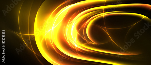 Dynamic golden lines swirl, creating abstract energy flow. Bright illumination contrasts dark background. Vivid, modern design.