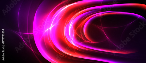 Abstract swirls, vibrant pinks, reds dominate dark background. Energetic lines create dynamic visual effect. Smooth gradients present flowing motion.