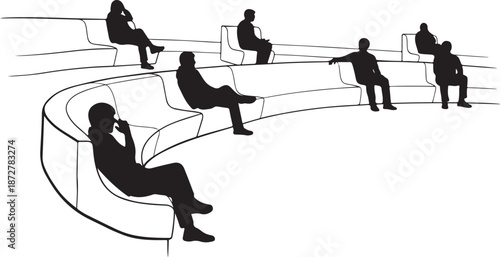 Silhouettes of people sitting on modern curved bench seating