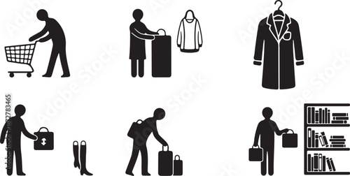 Black silhouettes of people with luggage and clothing items
