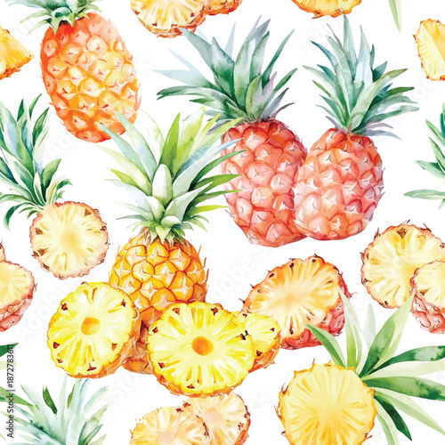 watercolor pineapple fruit seamless pattern, whole and halved hand drawn illustration wallpaper background