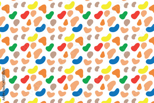 This image displays a cheerful, abstract pattern of colorful, irregular shapes scattered across a white background. The blob-like forms resemble colorful pebbles or candies and repeat across the surfa