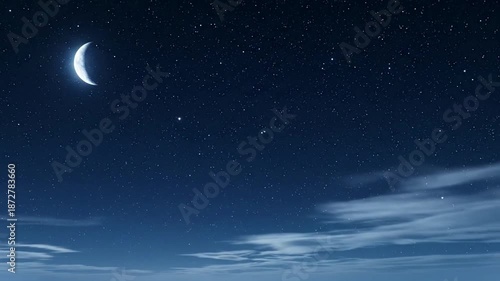 Crescent Moon Night Sky with Clouds.