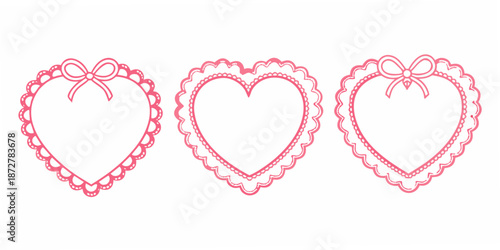 Three delicate pink heart outlines with lace detailing and ribbon bows