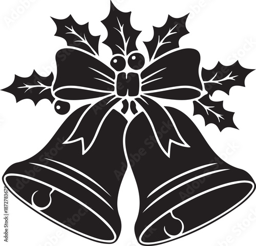Christmas Bells with Holly and Bow – Holiday Black Vector Illustration