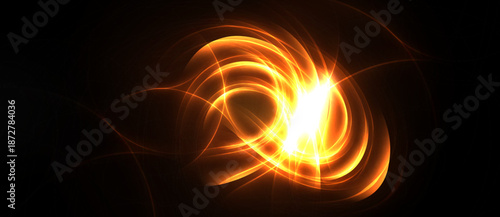Bright orange energy swirls radiate from central point. Dark background emphasizes glowing lines, creating dynamic visual effect.