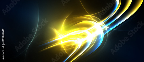 Bright energy flows, vibrant yellow hues dominate. Blue accents create dynamic contrast, abstract light patterns emerge. Smooth curves suggest movement.