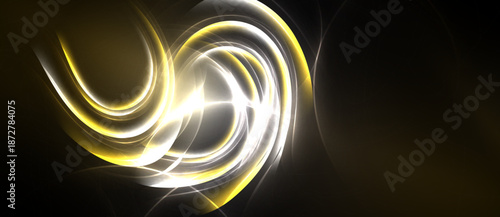 Bright swirls, golden hues, white light. Abstract design creates dynamic energy, flowing forms, dark background. Elegant, modern aesthetic.