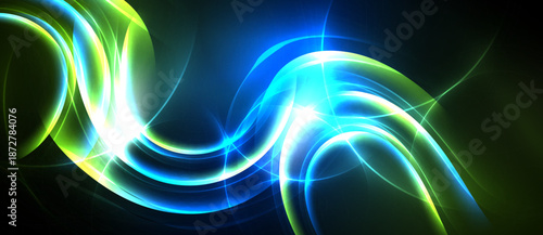 Abstract luminous waves, vibrant colors blend. Dynamic energy radiates from dark background. Smooth curves create flowing patterns.