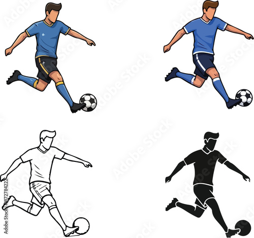 Illustrations of a soccer player in action kicking a ball, showcasing different artistic styles from full color to outline and silhouette