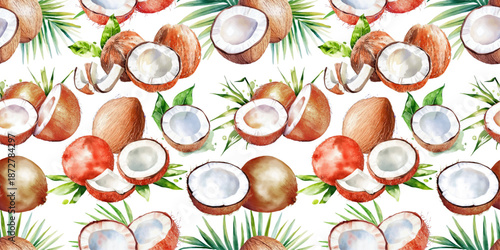 watercolor coconut fruit seamless pattern, whole and halved hand drawn illustration wallpaper background