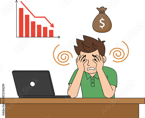 Stressed businessman at laptop, financial loss concept, money bag icon, declining bar chart, economic anxiety illustration, workplace frustration, flat vector illustration