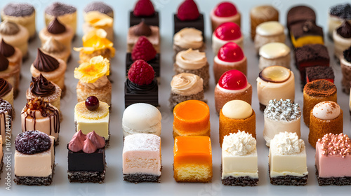 Mini desserts grid with cakes and cheesecakes