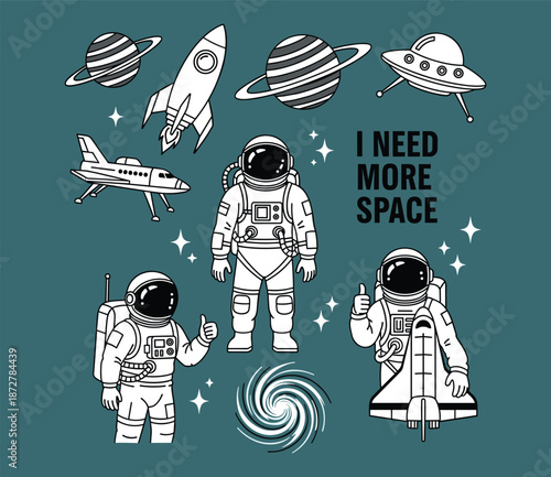 Astronauts rocket spaceship illustration, planets with rings, galaxy stars design, flying saucer art, space shuttle vector, cosmic typography, flat vector illustration