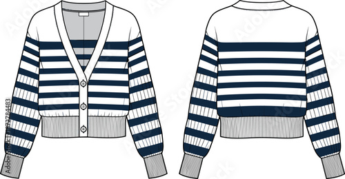 Women Striped V Neck Button Up Cropped Cardigan Sweater Technical Flat Fashion Sketch Vector Template for Apparel Design and Tech Pack