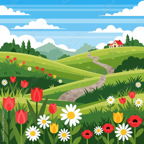 Cartoon idyllic landscape with rolling hills, flowers, and a path to a house.