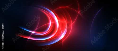 Abstract light streaks, vibrant red, blue hues dominate dark background. Dynamic curves create energy, visual impact.