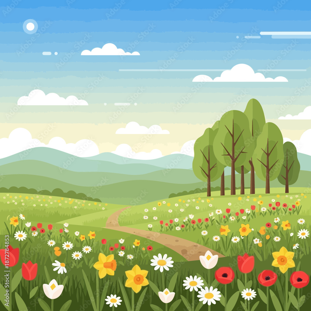 Naklejka premium Spring meadow landscape with wildflowers, trees, and rolling hills under blue sky