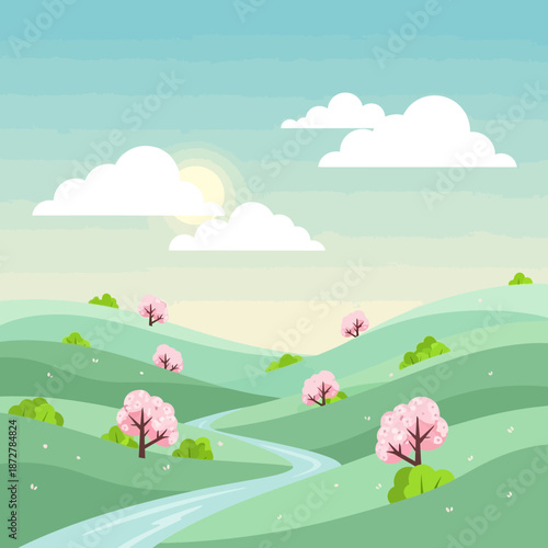 Spring landscape with rolling hills, blooming trees, and a winding river under a pastel sky.