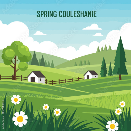 Spring landscape with rolling hills, farms and flowers