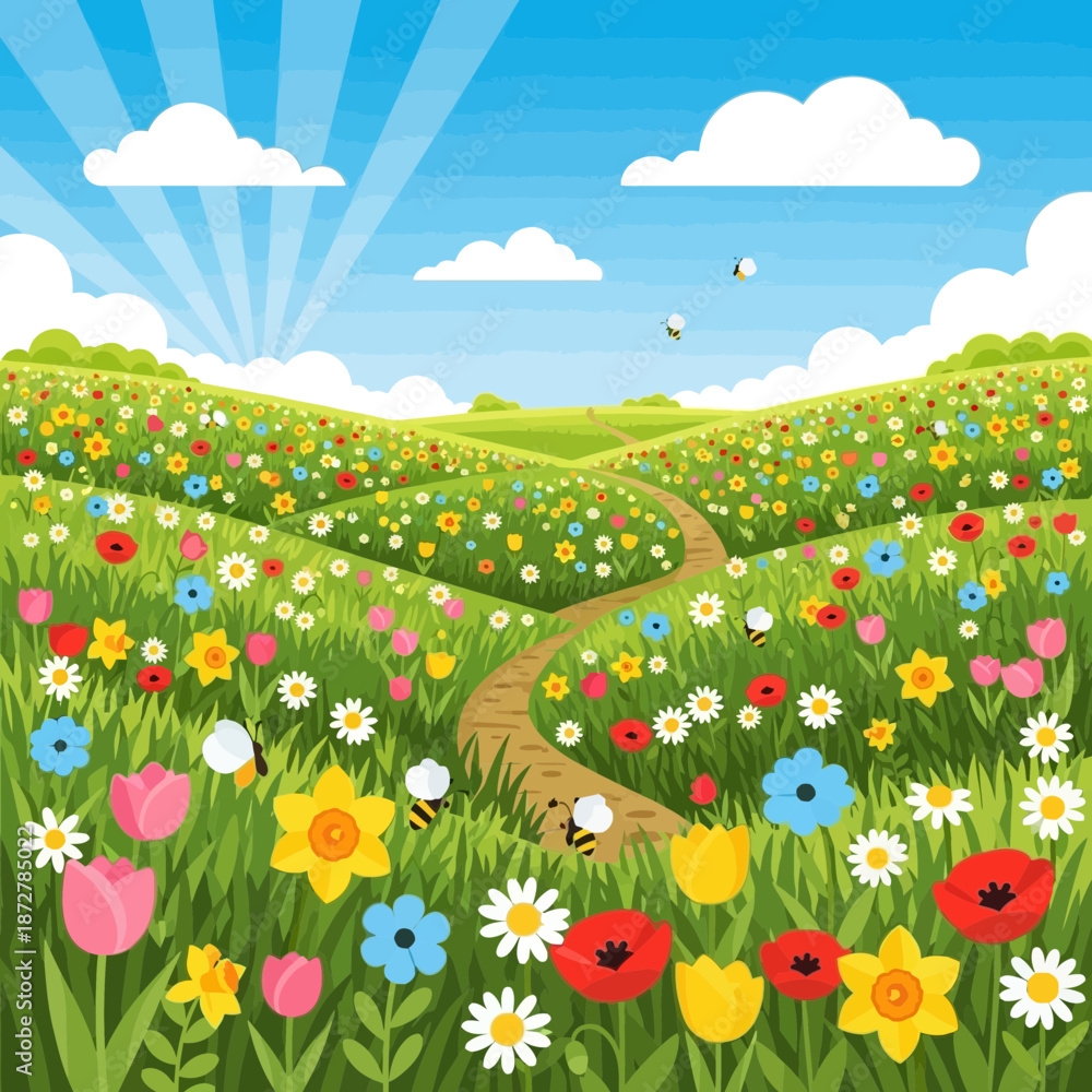 Naklejka premium Vibrant spring meadow with blooming wildflowers, path, and bees under a sunny sky