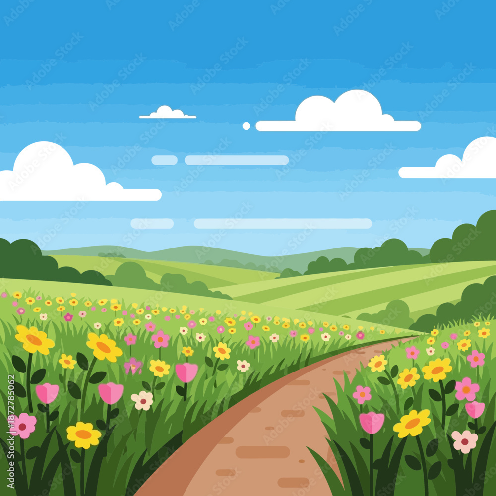 Obraz premium Vibrant Spring Meadow with Winding Path and Blooming Wildflowers