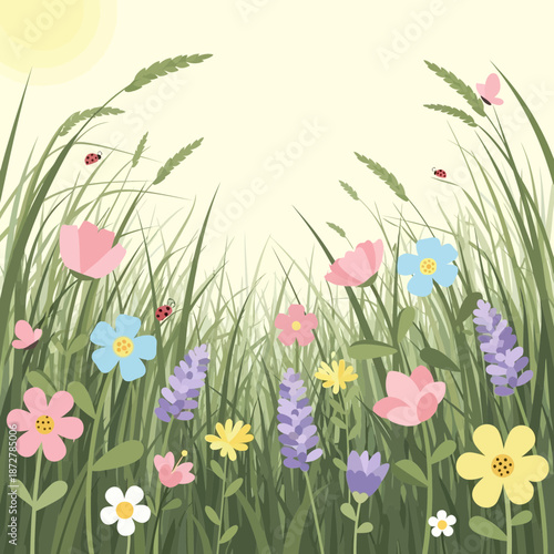 Vibrant spring meadow with blooming flowers, tall grass, butterflies, and ladybugs.
