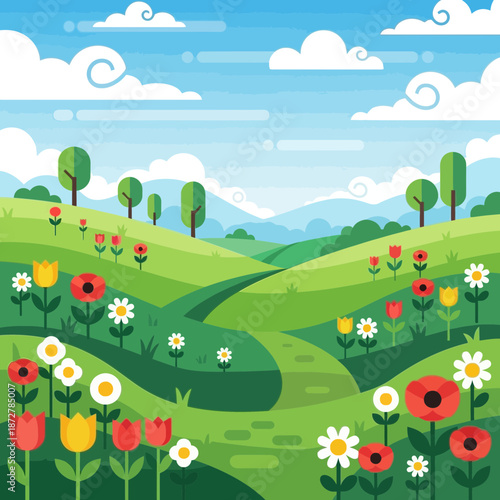 Vibrant spring landscape with rolling hills, blooming flowers, and winding path