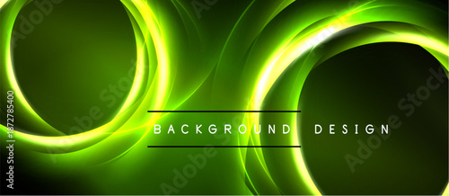 Abstract green neon lights create dynamic curves. Dark background enhances glowing circular shapes, modern design element.