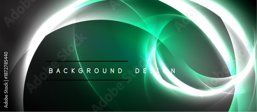 Abstract design features swirling luminous lines, vibrant green hues, dark background. Text reads background design. Modern, dynamic visual.