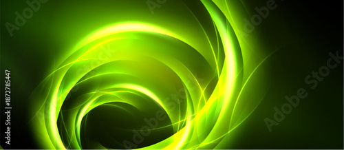 Bright green swirls dominate dark background. Dynamic lines create vortex effect, suggesting energy, movement, depth. Vivid colors attract attention.