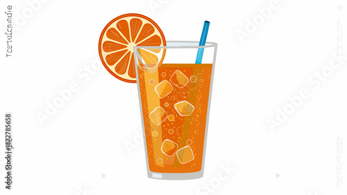 Refreshing orange drink with ice cubes and slice on white background