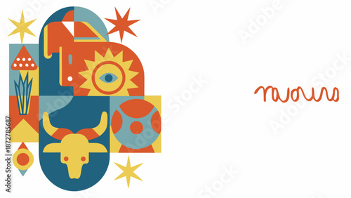 Vibrant retro styled graphic illustration of modern professional icons in various shapes