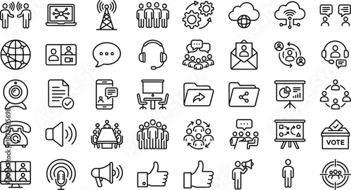 Communication and collaboration line icons set including messaging, teamwork, conferencing, cloud sharing, broadcasting, presentations, networking and remote working concepts
