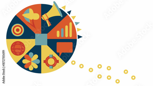 Vibrant retro style public relations icons set with megaphone and speech bubble on white