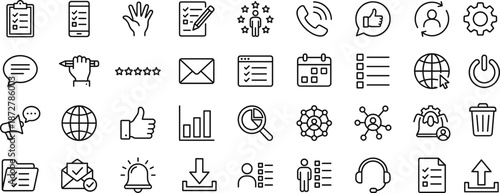 Minimal business and productivity line icons for workflow management, communication, task planning, performance review, customer feedback and global operations