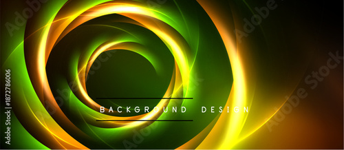 Bright swirling lights form abstract circular pattern. Green, yellow, orange hues dominate dark background. Text reads background design.