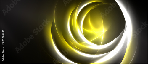 Abstract swirls, luminous yellow hues, dark background. Circular shapes create dynamic visual effect, modern design.