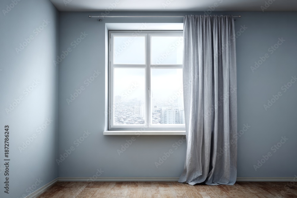 Fototapeta premium A window with gray curtains overlooks a hazy urban landscape.